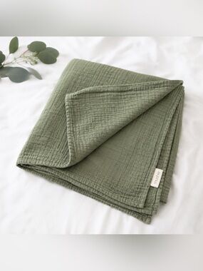 Mushie Organic Cotton Muslin Baby Blanket Olive Green Sage Swaddle Nursery